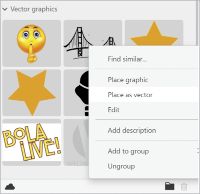 Vector graphics section of CC library with contextual menu active; Place as vector highlighted.
