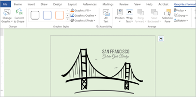 Word screen with image of San Francisco Golden Gate Bridge active; Graphics Format in bold blue underlined text on ribbon.
