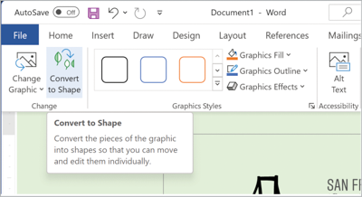 Word document with Convert to Shape highlighted on ribbon, showing tooltip "Convert to Shape/Convert the pieces of the graphic into shapes so that you can move and edit them individually"