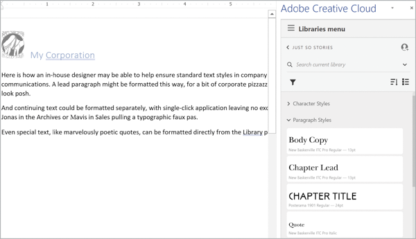Word document with "My Corporation" as head and sample text in generic sans serif font.