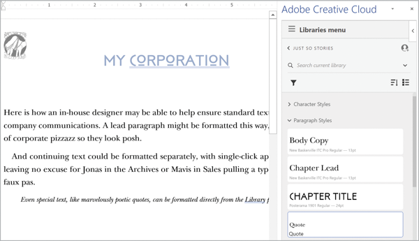 Word document with styles applied from CC library shown to right