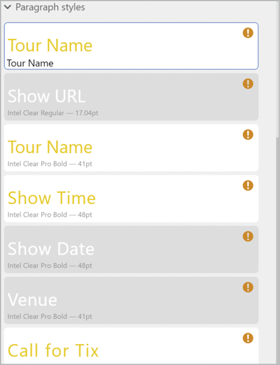 CC library shows paragraph styles with generic sans serif font and orange alert icon (circle with exclamation point)
