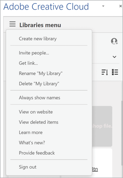 Libraries panel menu shows: Create new library, Invite people, Get link, Rename, Delete, Always show names, View on website, View deleted items, Learn more, What's new?, Provide feedback, sign out