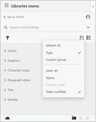 Libraries menu shows flyout menu with Group By (Type [checked], Custom group) and Sort By (Name, Custom order [greyed out], Date modified [checked]).