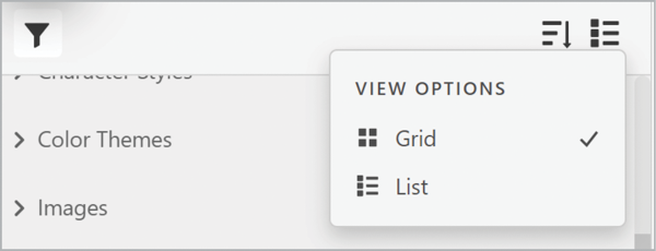 View options flyout menu: Grid (checked) and List.