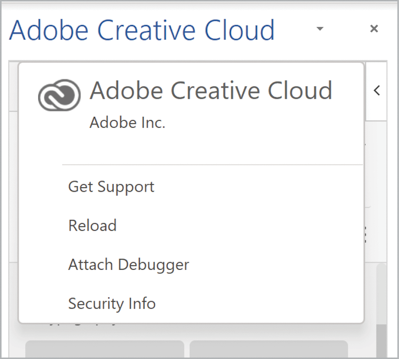 Menu shows "Adobe Creative Cloud/Adobe Inc.," with options for Get Support, Reload, Attach Debugger, and Security Info.