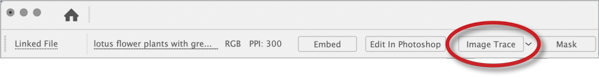 Screen shot of Illustrator Control bar with Image Trace button highlighted by red oval.