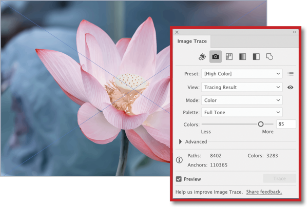 Screen shot of photo of lotus flower shows X through the image box. Image Trace panel screenshot highlighted in red showing preset: [High Color], View: Tracing Result, Mode: Color, Palette: Full tone, Colors slider toward "More" and value of 85, Paths: 8402, Colors, 3283, Anchors, 110,365, Preview checkbox checked.