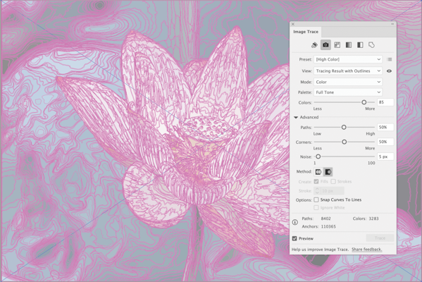 Lotus flower screen shot shows result of tracing: pink outlines of vector paths superimposed on ghosted image of original photo. Image trace panel with settings as shown in Figure 4. Advanced disclosure triangle activated. Paths (slider in center) 50 percent, Corners (slider in center) 50 percent, Noise (slider to left) 5px; Method: overlapping (icon highlighted), Options: Snap Curves to Lines unchecked.