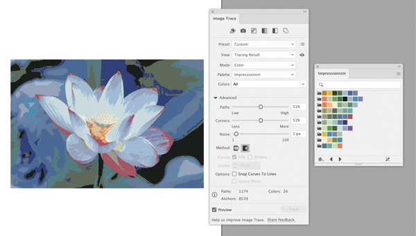 Photo from Figure 1 outlined and colored with range of periwinkle blue, olive green, salmon. At right, Image Trace panel shows values: Preset: Custom, View: Tracing Result; Mode: Color, Palette: Impressionism; Colors: All. Advanced options: Paths, 51% (slider midway); Corners, 51% (slider midway); Noise: 5 px (slider to left), Method: Overlapping icon selected; Snap Curves to Lines not selected; Paths: 1174, Colors: 26, Anchors: 8539. Preview checked.
