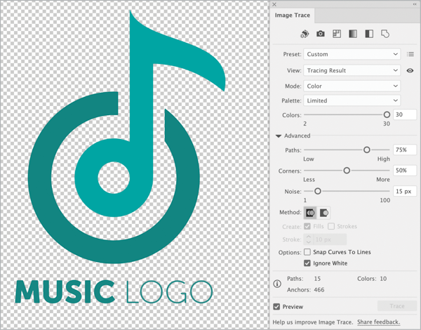Vector logo in shades of turquoise. Circle broken by eighth note whose note head creates a bullseye target with the original circle. "MUSIC LOGO" appears below the image. "MUSIC" is bold, "LOGO" is light.