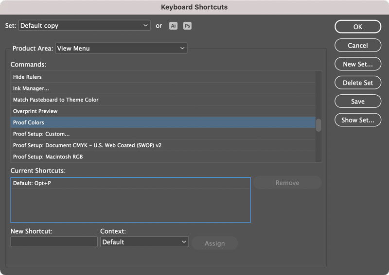 assigning a custom keyboard shortcut to View Proof Colors in InDesign