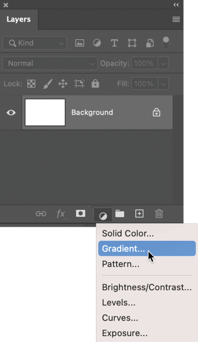 Layers panel shows one layer, Background, as solid white. Gradient... selected from menu.