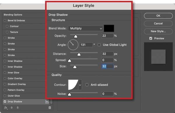 Layer Style dialog box with Drop Shadow section active (and highlighted with red box). Structure: Blend Mode: Multiply; Opacity slider: 22%; Angle: 131 degrees, Use Global Light unchecked; Distance slider: 32 px; Spread slider: 0px; Size slider, 32 px. Quality: Contour: icon for Gaussian; Noise: 0%.