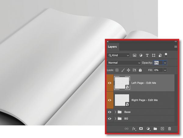 Photo of magazine open to spread with two blank pages, with Layers panel highlighted with red frame. Layers panel has Left Page — Edit Me layer (selected) and Right Page — Edit Me layer. 