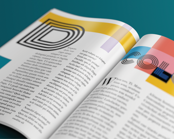 Magazine spread as in figure 19, with two pages placed and fit to the contours and perspective of the magazine in the photo.