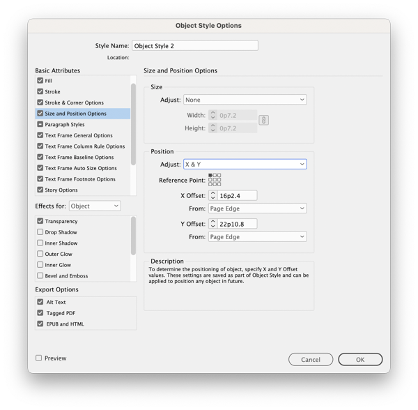 Object Style Options — Size and Position options show editing enabled for Position X & Y