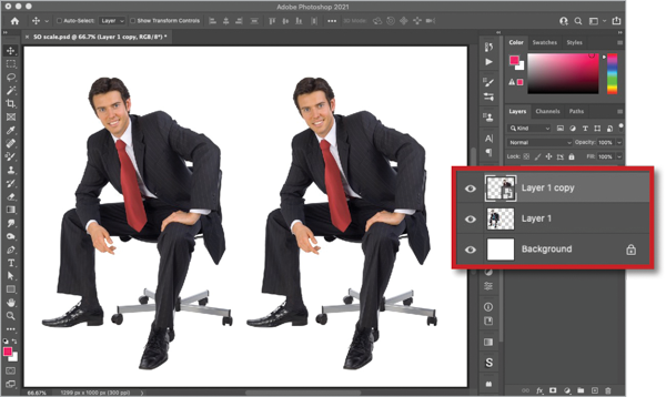 Photoshop document of two instances of an image of a businessman sitting on office chair; inset highlighted in red shows layers (layer 1 copy with left hand guy, layer 1 with right hand guy, background)