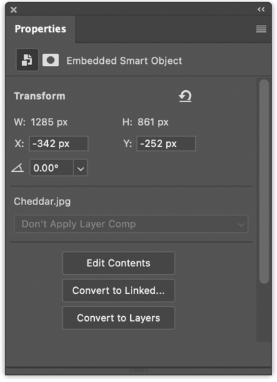 Properties panel notes Embedded Smart Object and shows options for Transform (W/H/X/Y/angle), filename, buttons for Edit Contents, Convert to Linked..., and Convert to Layers.