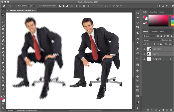 Businessman image on left is degraded and pixelated, while same subject on right is sharp and clear