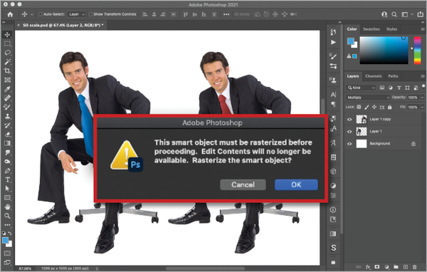 Error message dialog box hightlighted with red rule: "This smart object must be rasterized before proceeding. Edit Contents will no longer be available. Rasterize the smart object?"