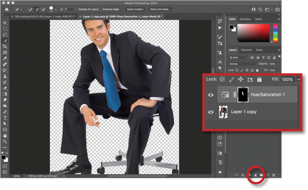 Highlighted Layers panel shows Hue/Saturation 1 adjustment layer applied to image of businessman. Highlighted with red circle is Create new fill or adjustment layer icon on bottom border of Layers panel.