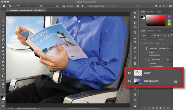 Image of airline passenger on plane reading magazine "Tropical Vacations."