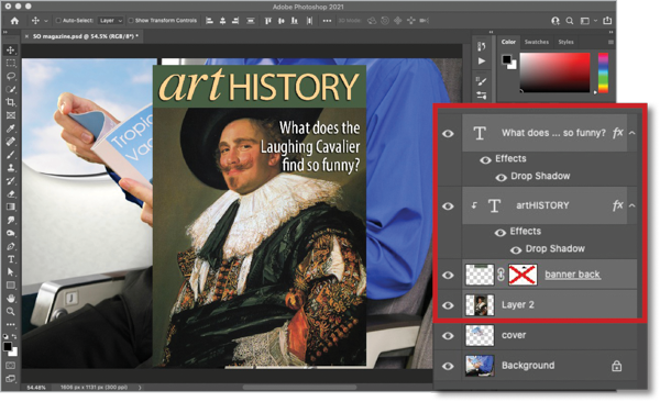 Magazine cover "Art History" with cover line "What does the Laughing Cavalier find so funny?" Highlighted with red rule: Adjustment layers for type and drop shadow effects.