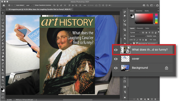Art History magazine cover with highlighted layer "What does th... d so funny?"