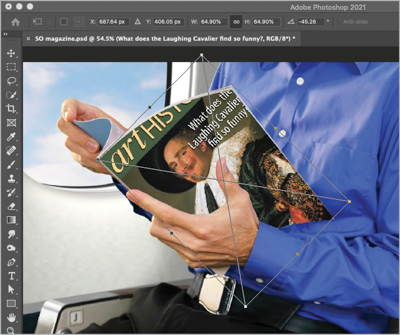 Detail of magazine cover on main image with blank object lined up to roughly match magazine cover.