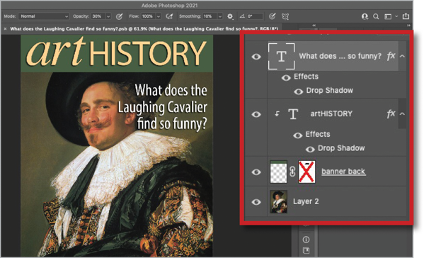 Art History magazine cover with inset highlighted with red rule. Inset shows type layers with effects, adjustment layer "banner back" and Layer 2 with main image of Laughing Cavalier