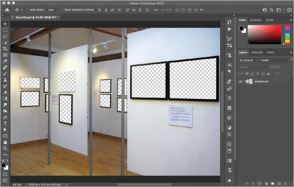 Photo of art gallery with paintings removed, revealing transparent background.