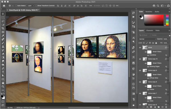 Gallery photo with versions of Mona Lisa modified individually