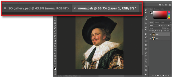 Image of the Laughing Cavalier pasted in active document named mona.psb; red-rule box highlights tabs for that image and the main file, SO gallery.psd.