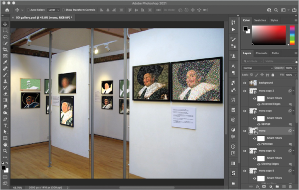 All 12 paintings in photo of gallery are changed en masse to Laughing Cavalier, all retain effects that were applied to Mona Lisa version.