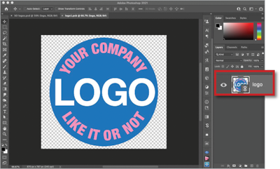 Blue circle badge logo with main text "LOGO" in white sans serif bold; "YOUR COMPANY" in pink sans-serif bold all caps arc above; "LIKE IT OR NOT" in same style below. Transparent background. On layer "logo" highlighted with red-rule box