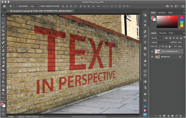 Text layer as smart object follows lines of bricks in layer beneath