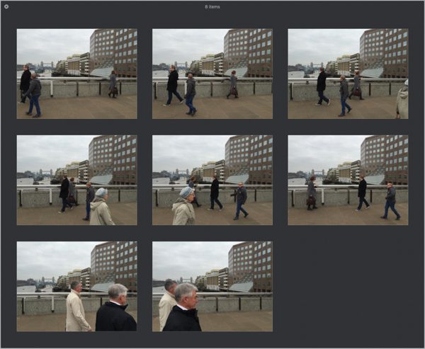 Array of similar images of waterfront with people milling around; same multistory building on right