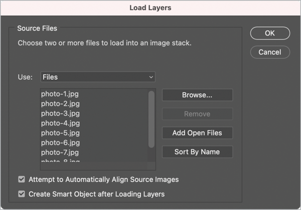 Load Layers dialog box: "Source Files: Choose two or more files to load into an image stack. Use: Files (selected from dropdown menu). List of files "photo-1.jpg," etc. Checked options: Attempt to Automatically Align Source Images, Create Smart Object after Loading Layers.