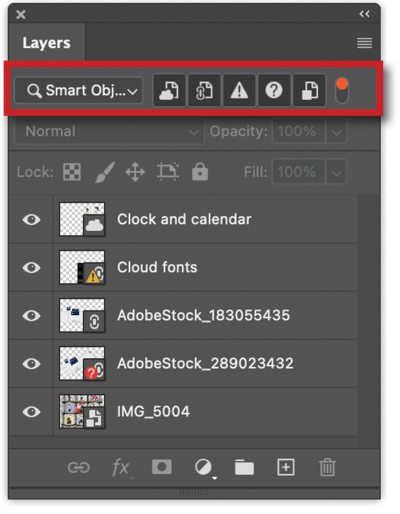 Layers panel with Smart Objects options highlighted with red rule box above.