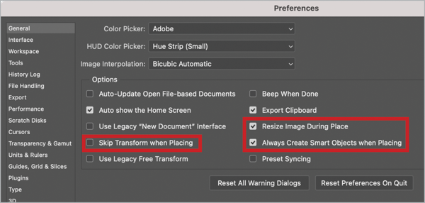 Preferences dialog box with General panel selected. Unchecked option Skip Transform with Placing and checked options Resize Image During Place and Always Create Smart Objects when Placing highlighted with red rule boxes