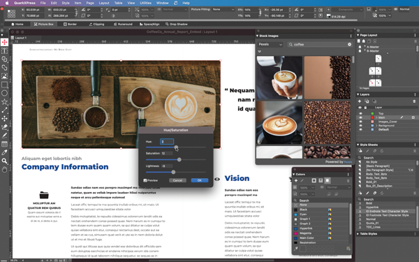 Screen shot of QuarkXPress with panels open for stock images, page layout, layers, style sheets, colors.