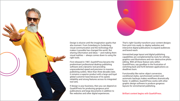 Marketing piece from Quark shows skinny guy in bright yellow sport coat and untucked red shirt, blue pants, wearing sunglasses and dancing. Overlapping circles with purple and orange gradients are part of the design motif.