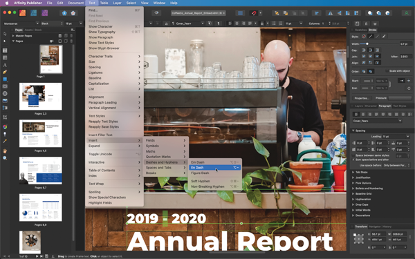 Affinity Publisher screen shot with Text menu selected, showing page panel on left and multiple controls for typography and layout on right. 
