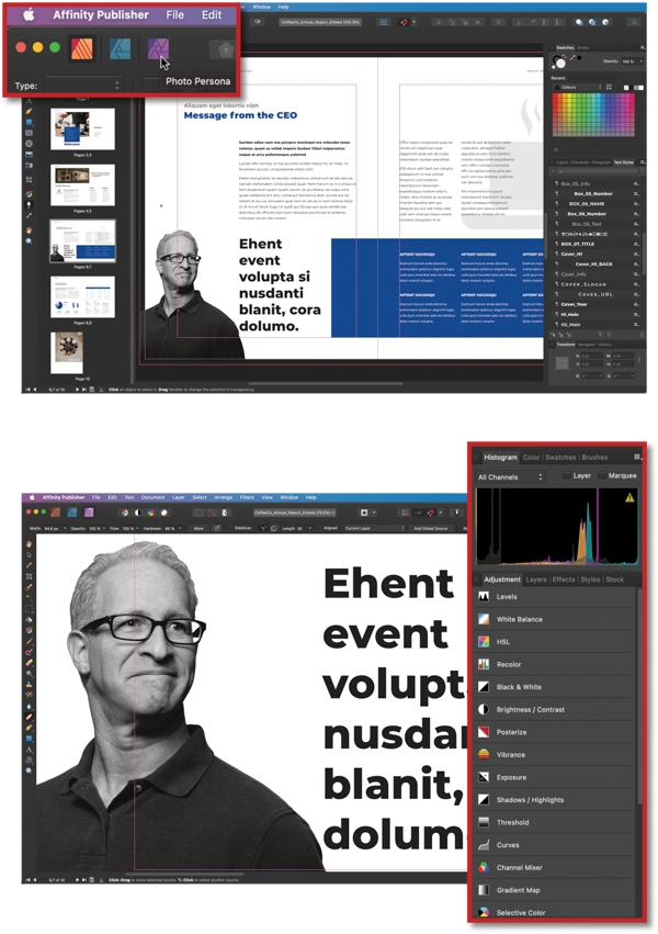 Top image shows enlargement of top of screen: personas for Affinity products that can open and operate on (bottom image) linked images.