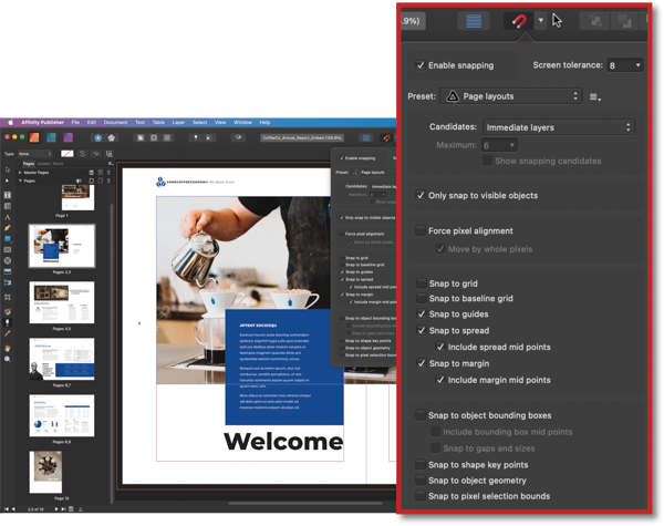 Screenshot of Affinity Publisher snapping preferences: Only snap to visible objects, snap to guides, snap to spread (include spread midpoints), snap to margin (include margin midpoints)