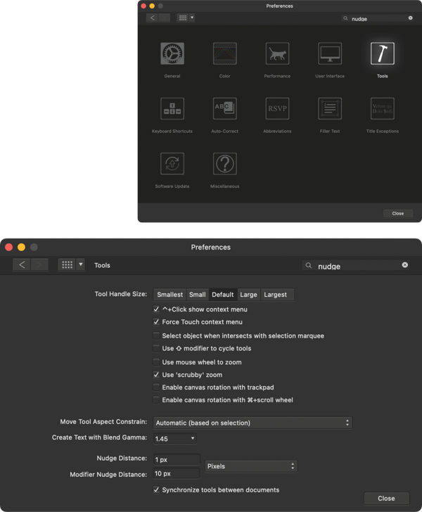 two Publisher screens show the ability to find preference panel by searching for "nudge"