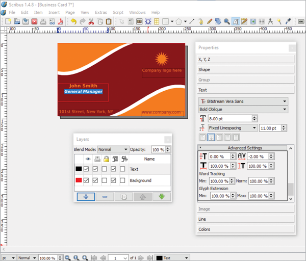 Screen shot of Scribus document (color business card) in production. Properties, advanced settings and layers panels open.