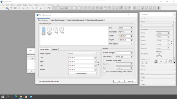 Screen shot of Scribus's New Document dialog box, with New Document tab active, showing properties of single-page document.