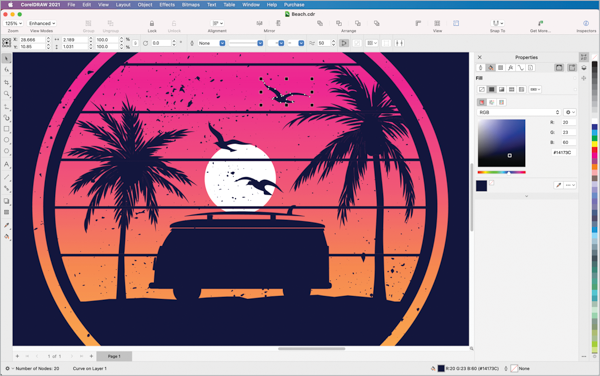 Screen shot of color vector illustration of van and palm trees silhouetted against sunset gradient of magenta to yellow. Active panel shows color properties.